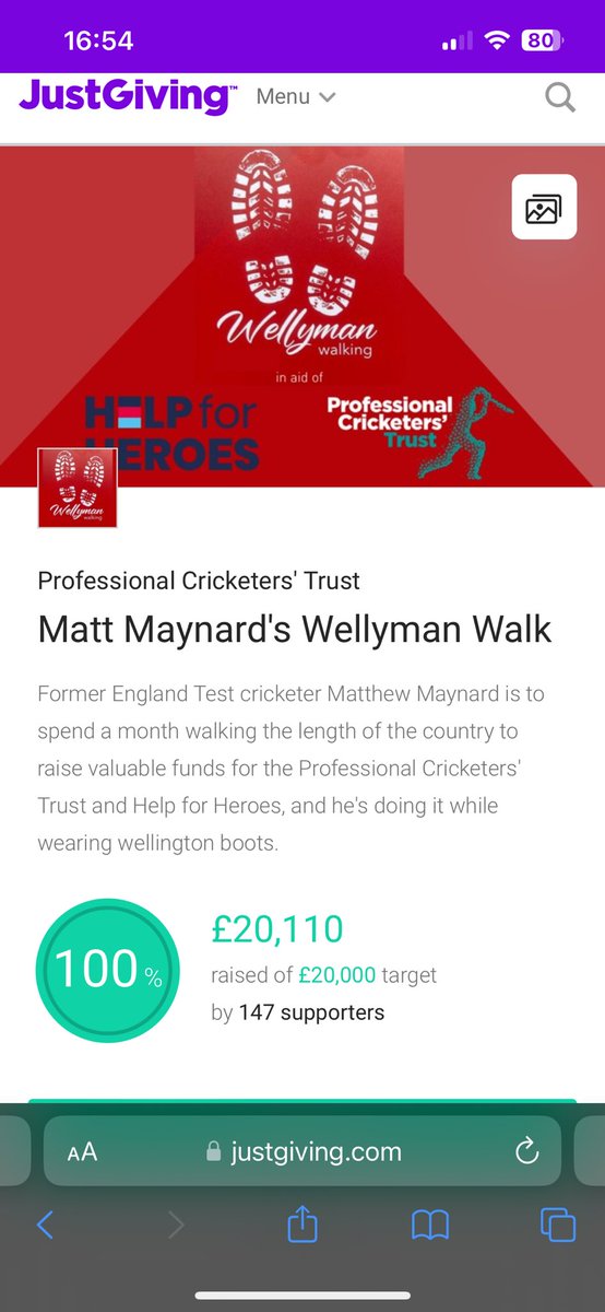 Thank you, thank you, thank you. My target has been achieved. Once again thanks to everyone who has donated and supported on my challenge #wellymanwalking The two charities will be delighted 🤩 @HelpforHeroes @CricketersTrust 🙏🙏🙏🙌👏