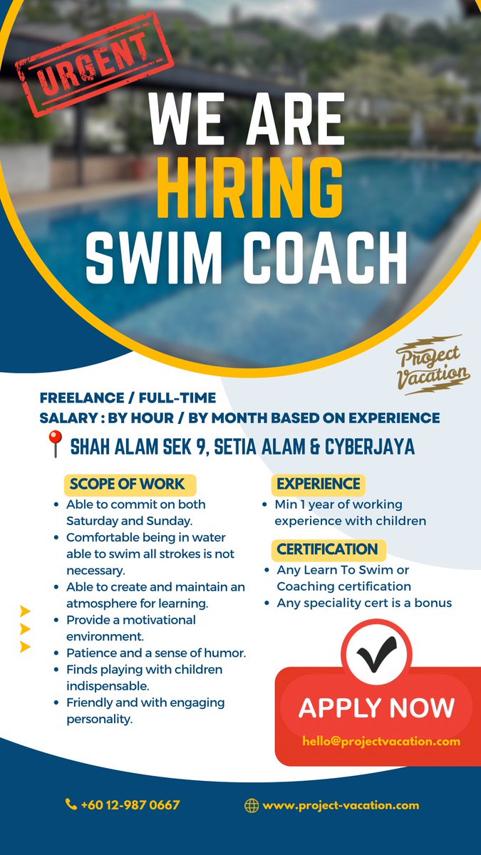 Join our PVSWIM SCHOOL family! If you're passionate about coaching and love working with kids, we have full-time and part-time coaching positions available.

Contact us today wa.me/message/SBOGPM…  submit your CV at hello@projectvacation.com
•
#pvswimschool