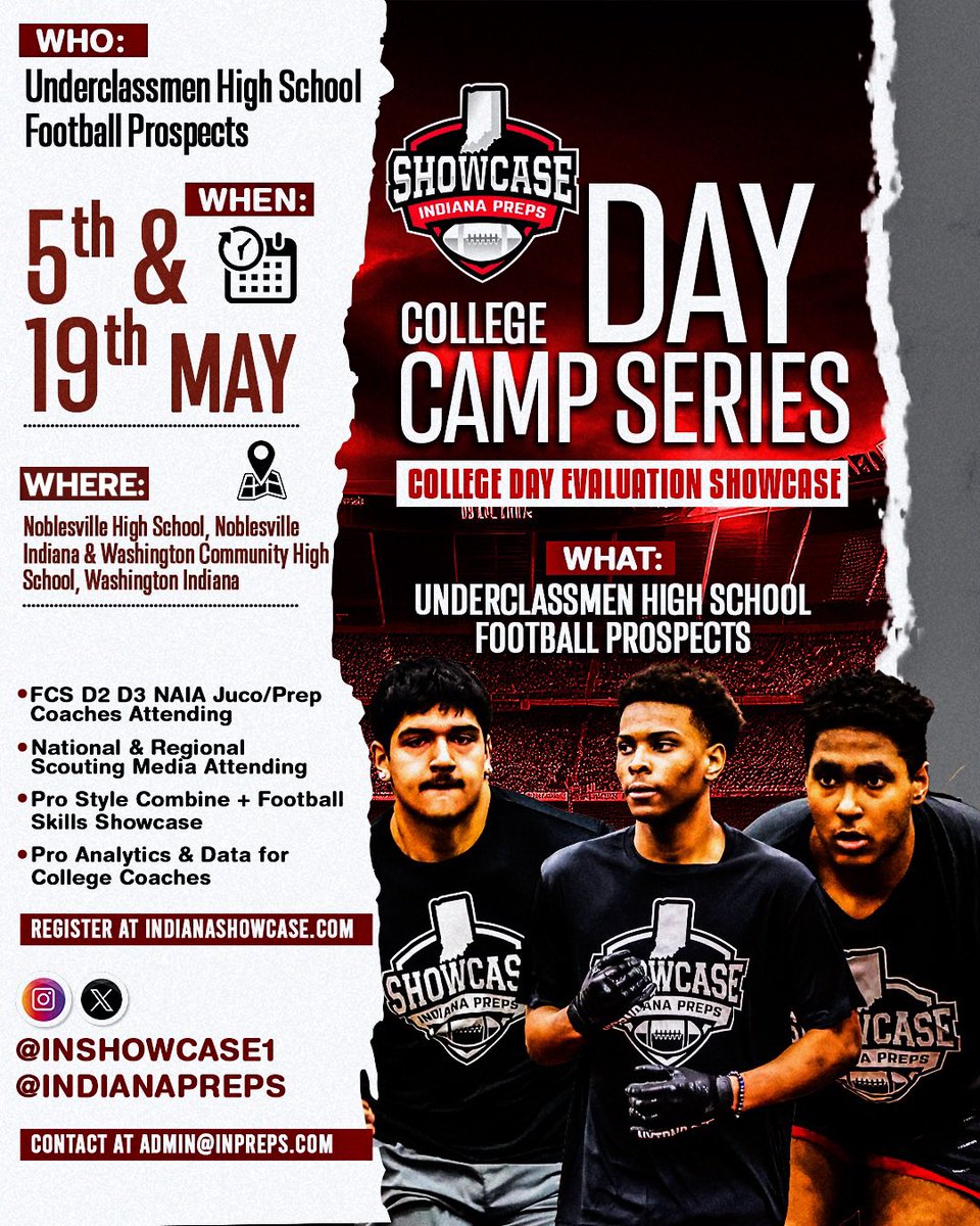 The Indiana Showcase College Day Camp Series returns! Evaluation period is a great opportunity to be seen by several coaches in one location! We have two dates & locations May 5 - Noblesville HS May 19 - Washington Community HS Learn more at IndianaShowcase.com