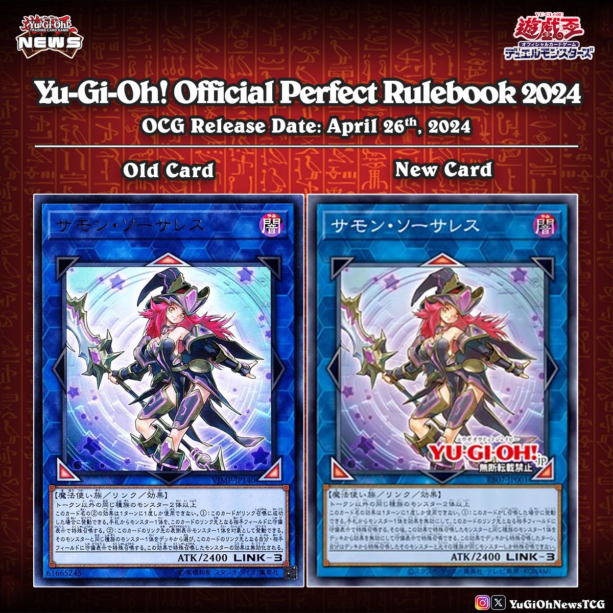 --!    2024  Following the recent updates from the OCG Forbidden & Limited List, 'Summon  Sorceress' will receive an erratum version in the forthcoming "Yu-Gi-Oh!  Official Perfect Rulebook 2024 ...