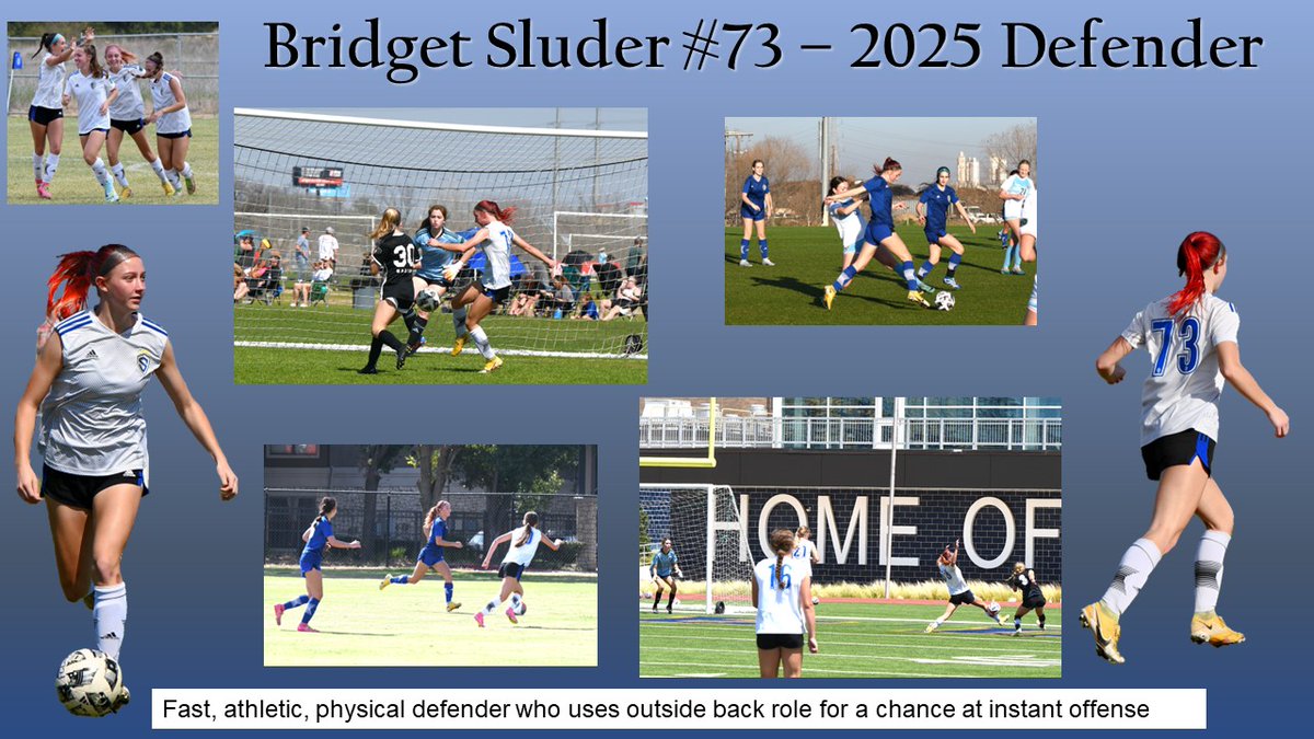 Replying to @SoccerMomInt 
Bridget Sluder #73 
Class of 2025 
DEFENDER-Both Outside Back positions 
Major: Business 
GPA 3.7 
Leave the state - Yes  
Club : Sting ECNL RL 07 <a href="/RoyalU16/">Sting Royal ECNL-RL U17</a> 
Highlight link: youtube.com/@sludersoccer4…