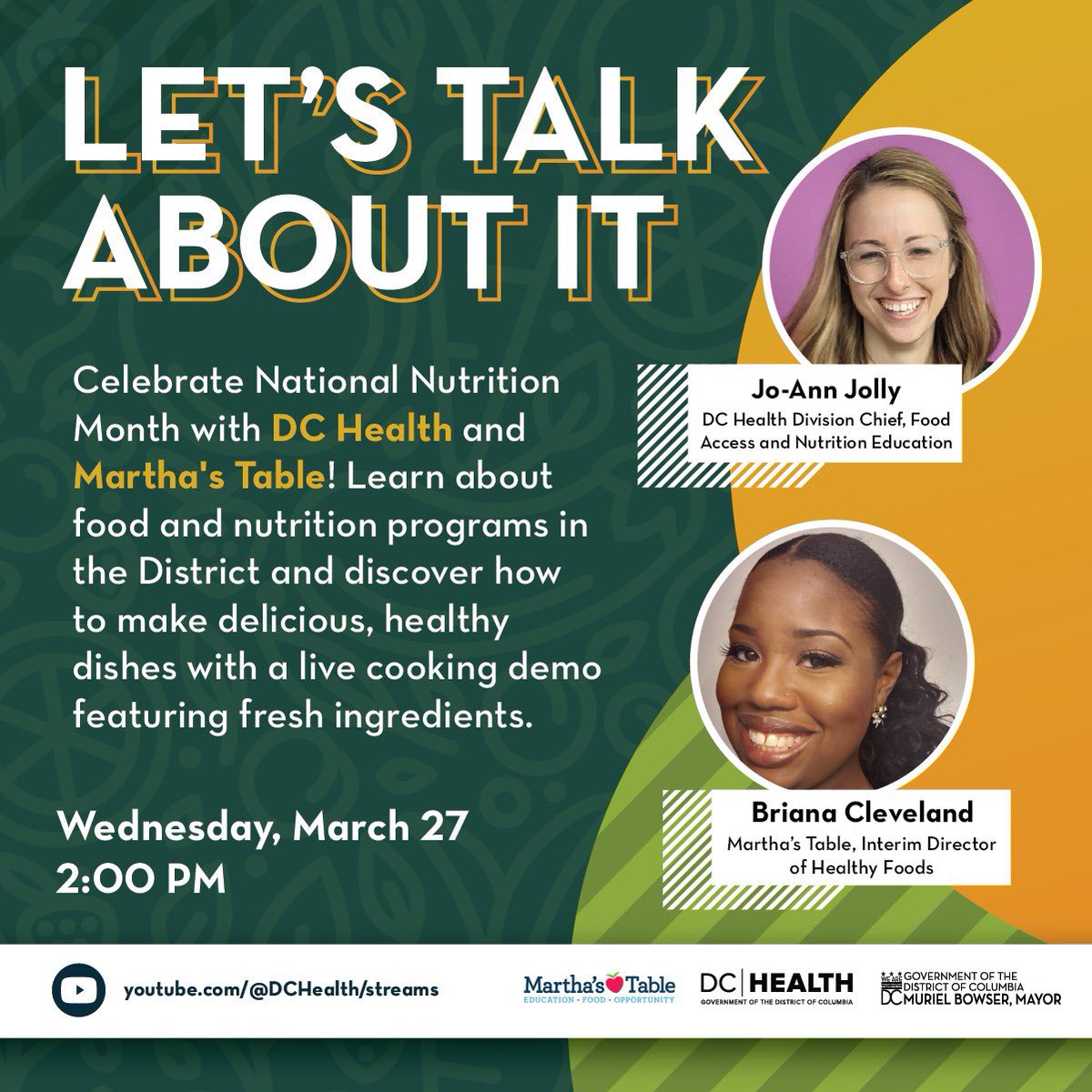 It's National Nutrition Month. Let's talk about it! Join @_DCHealth and @MarthasTableorg for a live cooking demo and info about food and nutrition programs in the District: 🗓️Wednesday, March 27 ⏰2PM ➡️youtube.com/@DCHealth/stre…