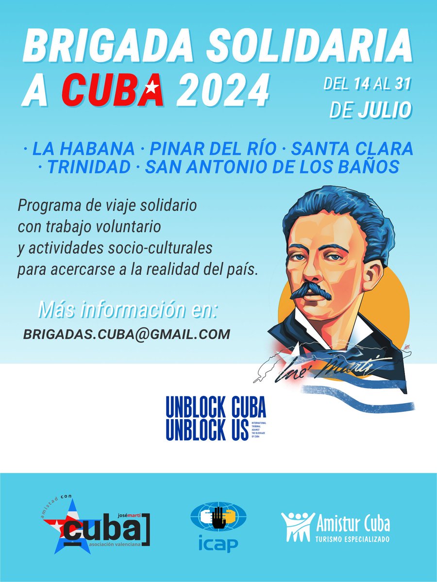 ¿Quieres conocer #Cuba de primera mano y sumarte a la #solidaridad contra el #BloqueoEEUU ? Más información en brigadas.cuba@gmail.com #CubaViveEnSuHistoria #CubaEsCultura @cubainformacion @siempreconcuba @AmisturCuba @cubavsbloqueo #SolidaridadVsBloqueo #BloqueoGenocida