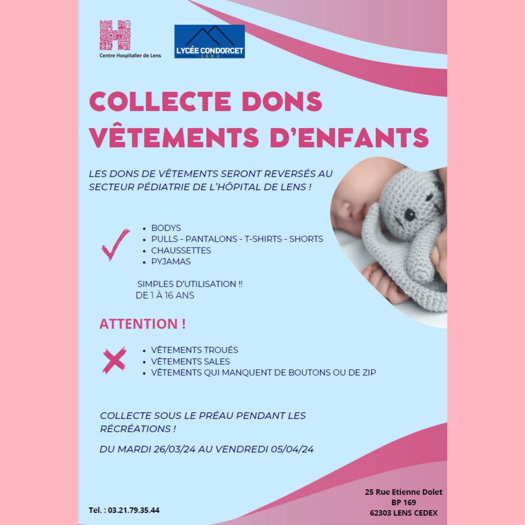 LensLycee's tweet photo. Collecte de vêtements pour 👶 👧👦 @LensLycee @AcLille 👏
#solidarité #projet #BTSSAM 🫶 https://t.co/5iEczxqiAz