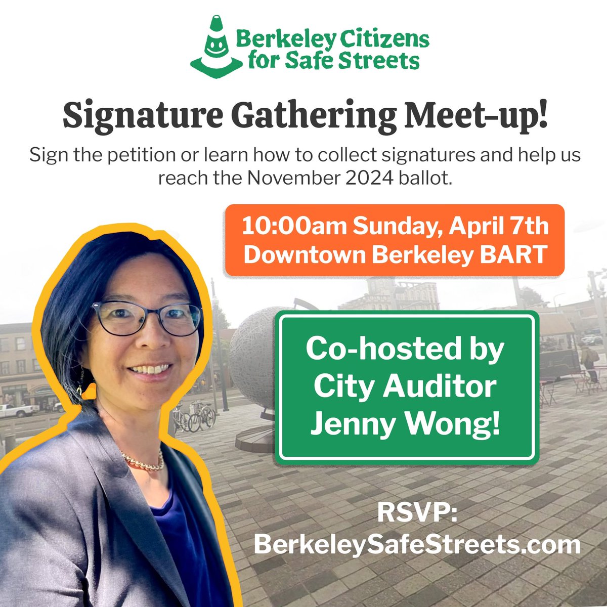 We are excited to announce a signature gathering meet-up with @JennyTheAuditor! Join us Sunday 4/7 at 10:00am for coffee and signature canvassing for smoother, safer streets 🚧