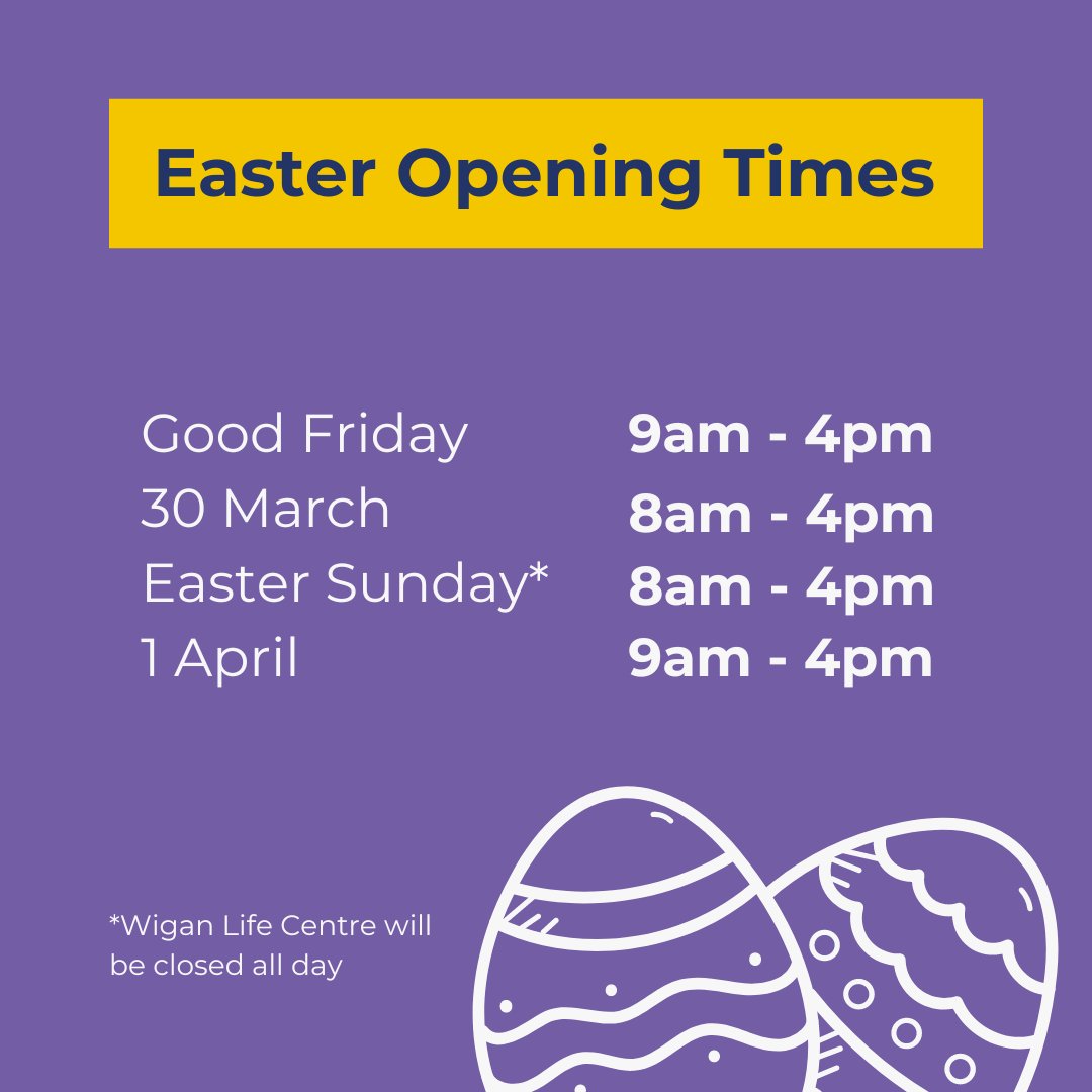 🐣🕘 Here's when our leisure centres will be open this Easter... (Please note: Wigan Life Centre will be closed on Easter Sunday). @WiganCouncil