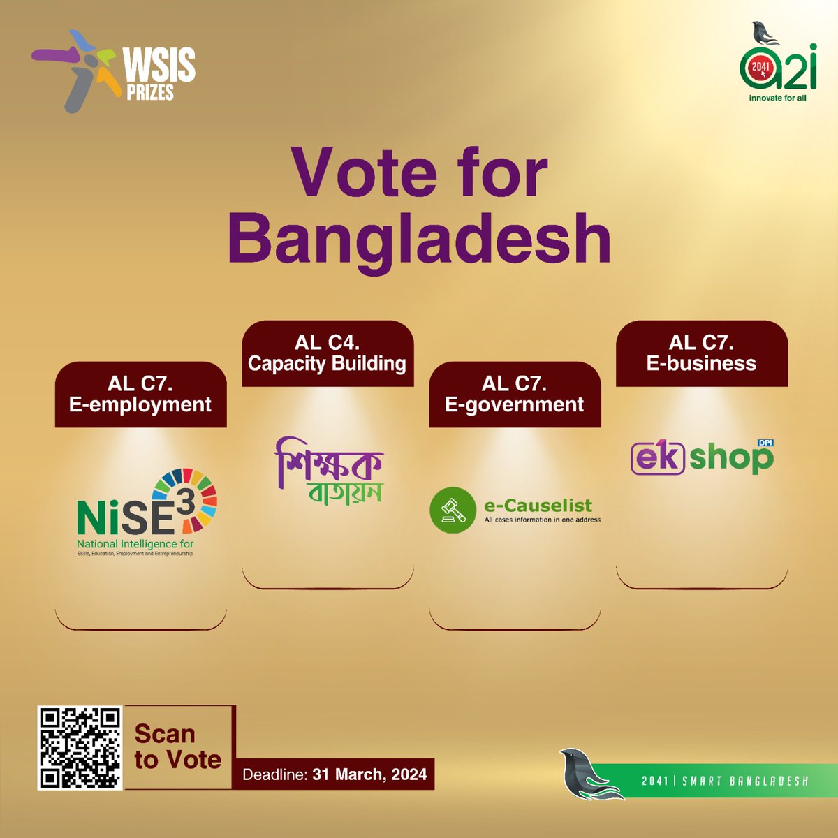 a2i_bd's tweet photo. Vote for @a2i_bd initiative for #WSIS2024 awards! 🇧🇩🌏🔗https://t.co/kNI7AXLoUP
Deadline for voting: 𝑴𝒂𝒓𝒄𝒉 𝟑𝟏, 𝟐𝟎𝟐𝟒.
#SmartBangladesh2041 #WSIS2024 #WSISAward #TeachersPortal #eCauselist #ekShop #NISE #IamtheSolution #CircularCashless #Govepreneur #ZeroDigitalDivide https://t.co/uxzfEfgRtx