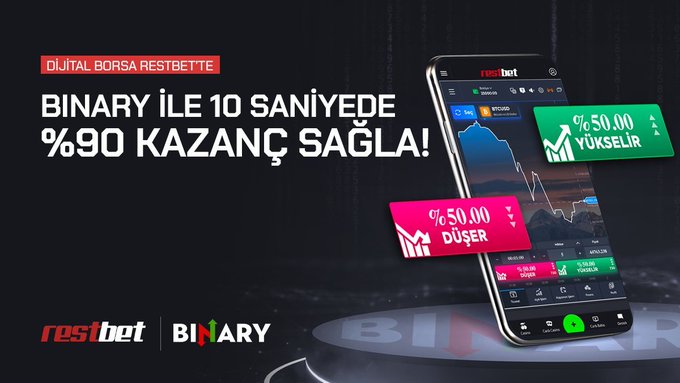 📈 Borsacıların yeni gözdesi Binary şimdi #Restbet’te! ⏰ #Binary ile 10 saniyede %90 kazanç sağla! 💵 Kazanç kapılarını arala! #Borsa 🍀 Bol şans dileriz! 🔗 hizligiris.live/restbet