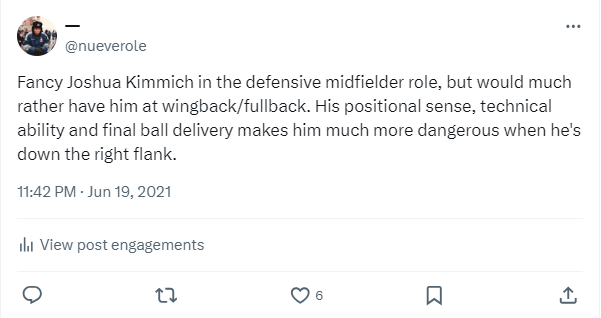 nueverole's tweet photo. Saw it from day one. I really wish Kimmich moved back permanently; we could potentially be looking at a Prime Carvajal level FB contributing in all phases. https://t.co/ZMPH9vDQwd