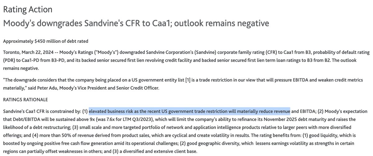 🇨🇦 Canada-based @Sandvine's credit rating downgraded by @moodysratings The pain of US 🇺🇸 @CommerceGov sanctions on the firm for selling surveillance and censorship gear to authoritarian regimes: ratings.moodys.com/ratings-news/4… h/t @jsrailton