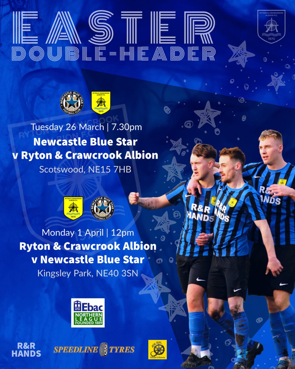 We have back-to-back matches against <a href="/nbsfc2018/">Newcastle Blue Star FC</a> coming up in the Ebac <a href="/theofficialnl/">NightLife</a> 2.

We make the short trip to Scotswood on Tuesday night before hosting them at Kingsley Park at Midday on Easter Bank Holiday Monday!

#RACA🔵⚫️
