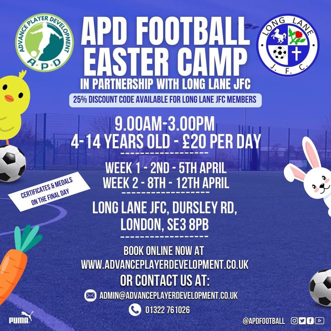 APD football Easter camp, in partnership with Long Lane JFC. Limited spaces available. ⚽️ @APDfootball @longlanejfc