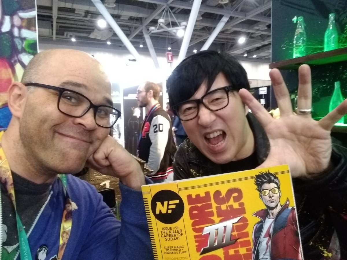 Finally got to catch up with the one and only @suda_51! I brought him a copy of the issue of @NintendoForce to sign, the one I worked on that's themed on him and his career, and his response was '...can I keep this?' I so was flattered to hear he liked it!