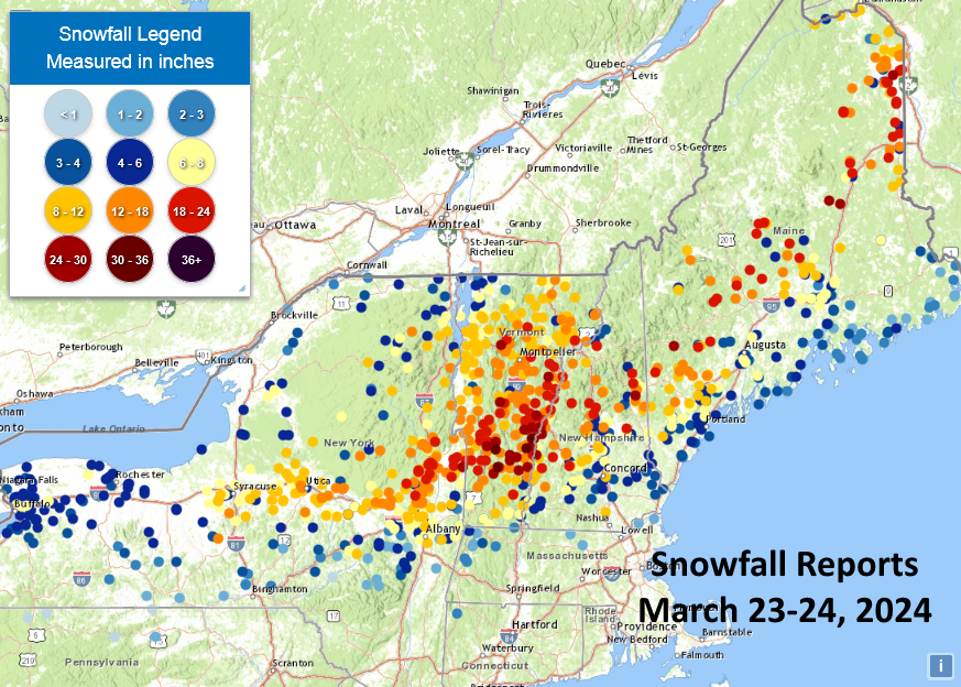 Snowfall reports from the March 23-24, 2024 storm. Top 2 highest totals by state: VT - West Windsor 33.1' VT - Landgrove 32' ME - East Millinocket 29' NH - Albany 28' NH - Lebanon 26' NY - Pawlet 25.6' ME - Bryant Pond 25' NY - Ganesvoort 21.2'