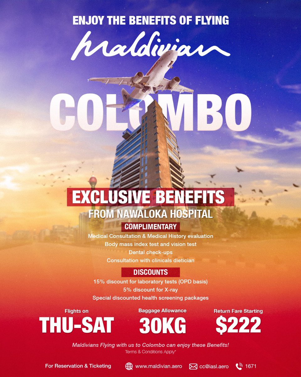 Unlock exclusive benefits when you fly to Colombo with Maldivian! From priority healthcare services to personalized care packages at Nawaloka Hospital. 🏥✈️ #TravelWell #NawalokaHospital #Maldivian