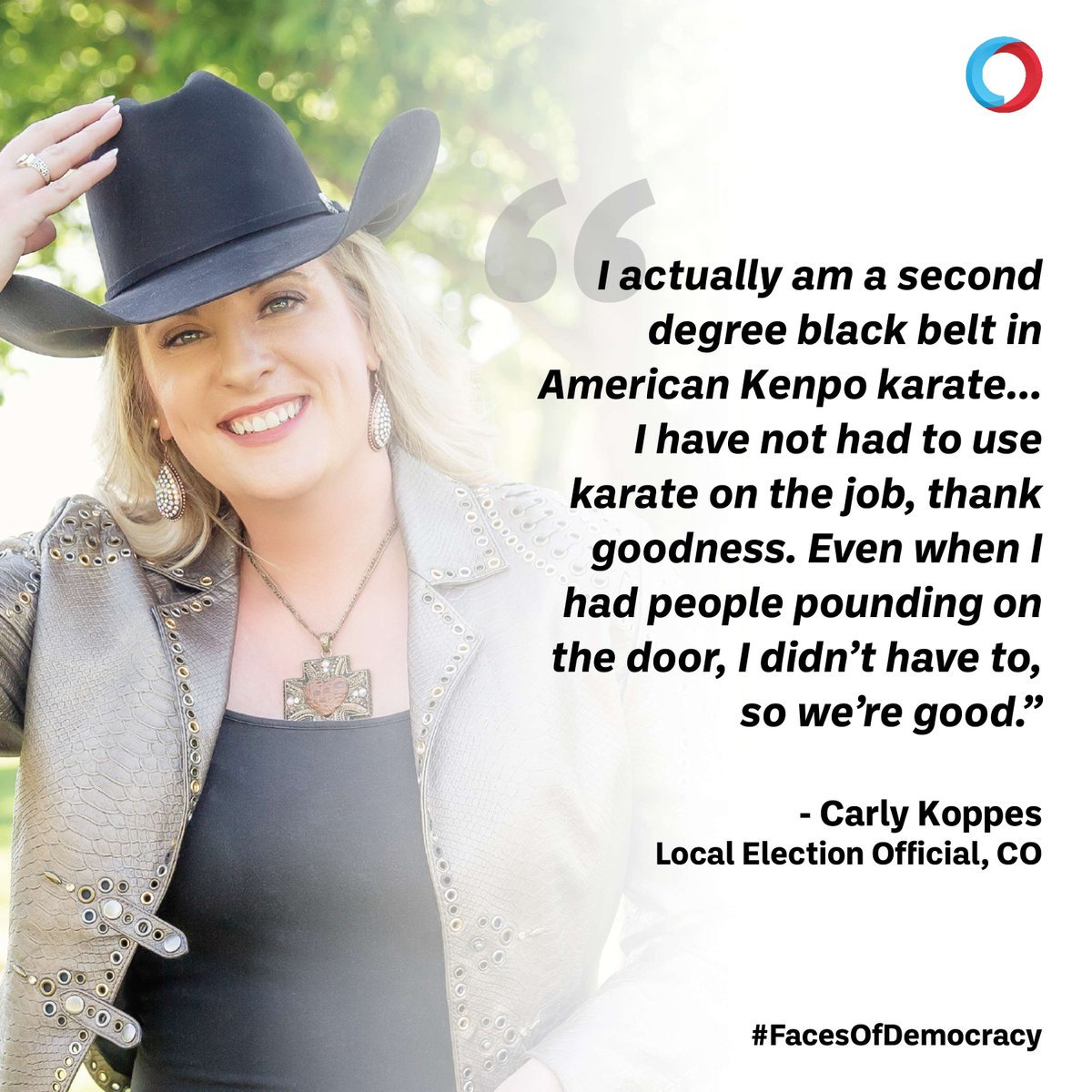 Meet the women who make democracy work: Carly Koppes is a double black belt and former rodeo queen. Now, you can find her running elections in Weld County, CO. #FacesOfDemocracy issueone.org/articles/meet-…