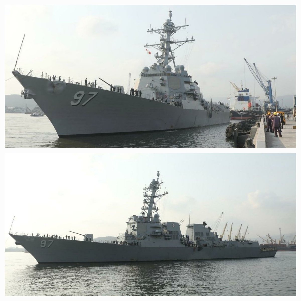The US Navy's USSHalsey is cordially welcomed to Visakhapatnam by the Indian Navy as they take part in the sea phase of Ex TigerTriumph-2024.