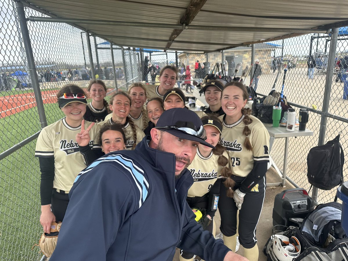 Despite the Oklahoma chill, our Nebraska bats are on fire kicking off the season! 🔥 4 wins, 🔥44 hits, 🔥44 runs, and a whopping 🥎 40 RBIs! And look who accidentally joined our victory snapshot 😂. Hoping rain stays away so we can keep rolling. #rollgold #letsgo #SundayFunday
