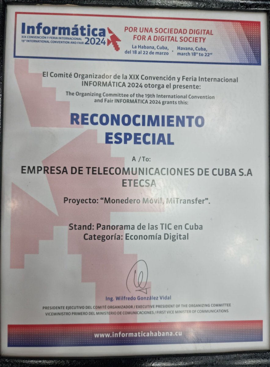 El monedero móvil de #Transfermóvil: Mi Transfer, recibe el reconocimiento especial en la XIX Convención y Feria Internacional Informática 2024. @ETECSA_Cuba @TransfermovilS @MinturCuba @CubaBPA @Bandec97 @BancoCentralCub @BanmetCuba