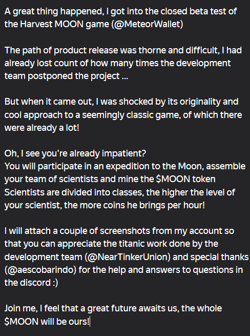 D4sReich's tweet photo. I got into the closed beta test of the Harvest MOON game (@MeteorWallet)
Join me, I feel that a great future awaits, the whole $MOON will be ours!
Capture the moon! (https://t.co/aBpa8QrQsB)
The development team (@NearTinkerUnion) and special thanks (@aescobarindo) forthe help! https://t.co/0xm2v72qPl