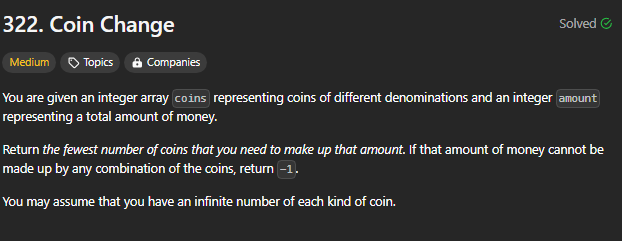Sanjeev67203611's tweet photo. #64day of #100DaysOfCode
Problem: Coin Change.
#100daysofcodechallenge #learningJourney #dynamicProgramming https://t.co/IUzzKWVDgt