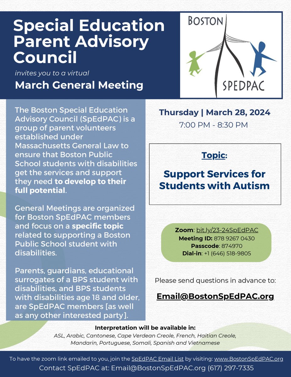 Boston SpedPac (@bostonspedpac) on Twitter photo This Thurs., Mar. 28 - Join BPS families for our general mtg re:
Support Services for Students with Autism.
Translated flyers:
bostonspedpac.org/events/spedpac…
Sign up: bit.ly/SpEdPAC_Mailin… .
Send questions to: BostonSpEdPAC411@gmail.com and a parent volunteer will follow up. This Thurs., Mar. 28 - Join BPS families for our general mtg re:
Support Services for Students with Autism.
Translated flyers:
bostonspedpac.org/events/spedpac…
Sign up: bit.ly/SpEdPAC_Mailin… .
Send questions to: BostonSpEdPAC411@gmail.com and a parent volunteer will follow up.