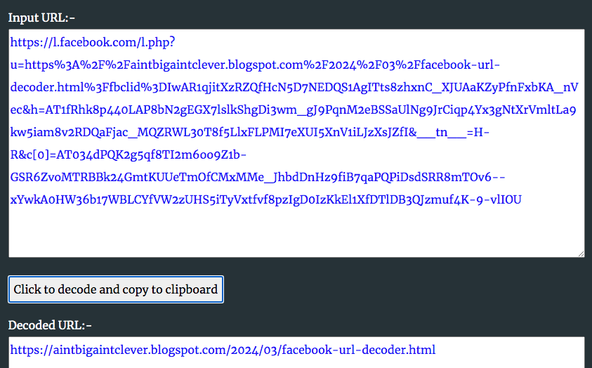 AintClever's tweet photo. Some of you may find this useful if attempting to report links from Facebook posts, such as malware downloads. It strips the FBCLID garbage from the address and converts it back to a normal URL instead of Facebook's tracking version. https://t.co/2DGk0k8yHA https://t.co/KQ9uxMzTua