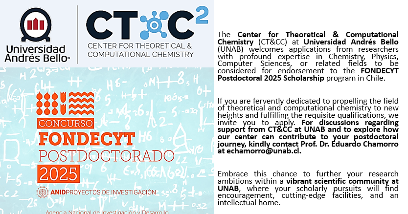 Would you be interested in a postdoctoral opportunity in Chile? Our Center for Theoretical & Computational Chemistry (CT&C) at @uandresbello seeks ambitious candidates! Join us! @patri_perez05 @DPaez17 @jor_soto @william_tiznado @marioadn1 @MolPhysChem @ciencia_unab