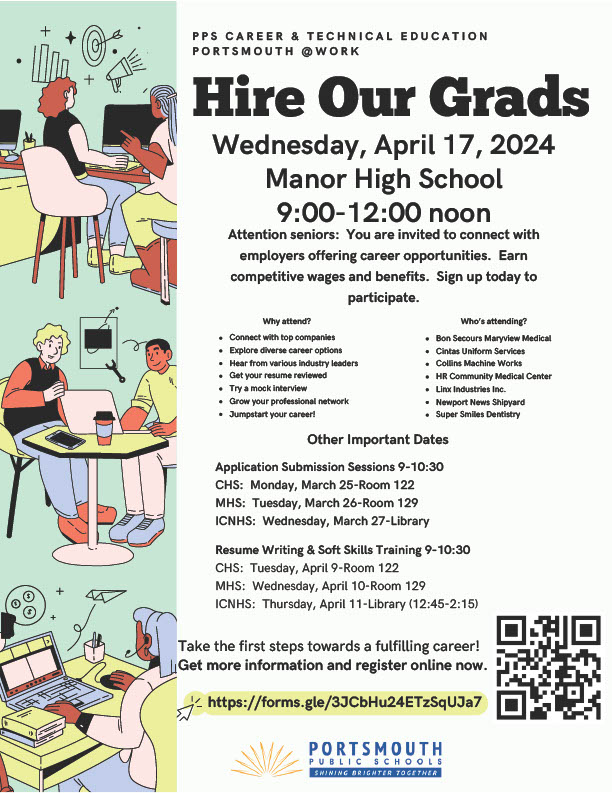 PPS Seniors! Interested in employment immediately after graduation? Be sure to register for the CTE Hire Our Grads Event @ Manor on 4/17. @PortsVASchools #PPSShines