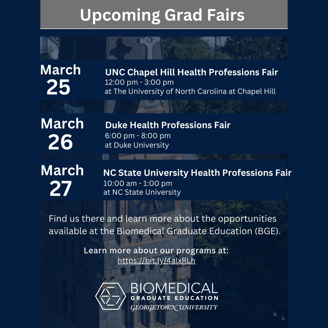 🌟 Attention North Carolinians! 📣 Georgetown University's Biomedical Graduate Education (BGE) is coming to YOU! 🎓 Join us at three upcoming Health Professions Fairs across North Carolina. Learn more about our programs at: bit.ly/4alxRLh