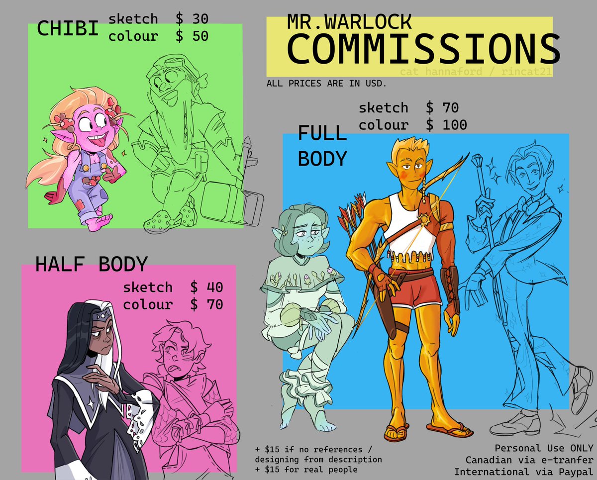 Hey!! I'm opening COMMISSIONS! I could really use the cash and I'd love to draw/design your dnd character(s) or OC's!! I'll be tackling these full time at the moment. Just shoot me a DM. RT's are super appreciated! ✨🫶