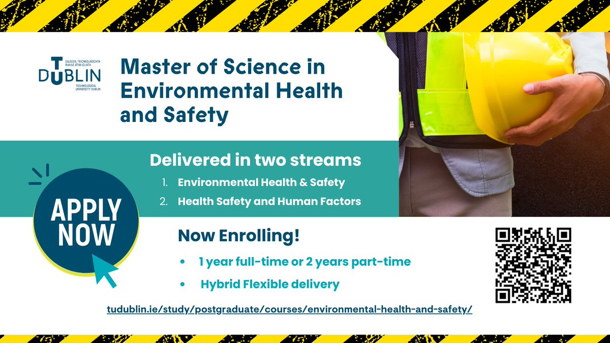 TU Dublin Enterprise Academy (@enterprise_acad) on Twitter photo ⚠ Are you looking for a Masters in Environmental Health and Safety? The premier Environmental Health and Safety Postgraduate Qualification in Ireland - the MSc in Environmental Health & Safety at TU Dublin is now enrolling for Sept 2024 tudublin.ie/study/postgrad… <a href="/irishergonomics/">Irish Human Factors and Ergonomics Society</a> ⚠ Are you looking for a Masters in Environmental Health and Safety? The premier Environmental Health and Safety Postgraduate Qualification in Ireland - the MSc in Environmental Health & Safety at TU Dublin is now enrolling for Sept 2024 tudublin.ie/study/postgrad… <a href="/irishergonomics/">Irish Human Factors and Ergonomics Society</a>