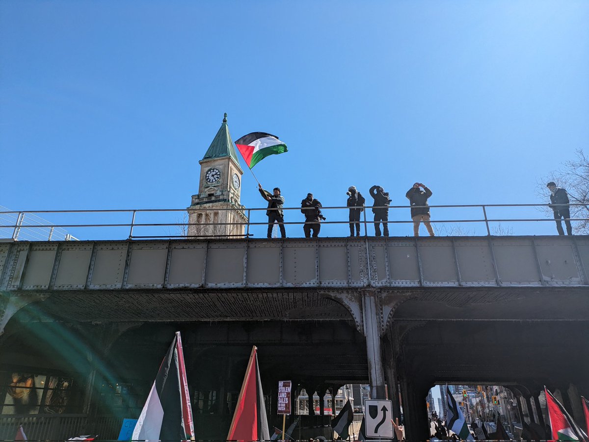 Yonge Street in Toronto:

"We want justice 
You say how?
End the siege
On Gaza Now!"