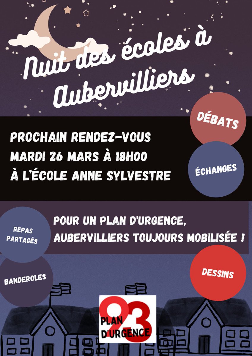 Mardi c'est #NuitDesEcoles93 à Aubervilliers ! Avec enfants, à manger et des idées ! 
Pourquoi ? 📢 #PlandUrgence93
Pour qui ? 📢 La Seine Saint Denis
 Qui vient ? 📢 Tout le monde ‼️