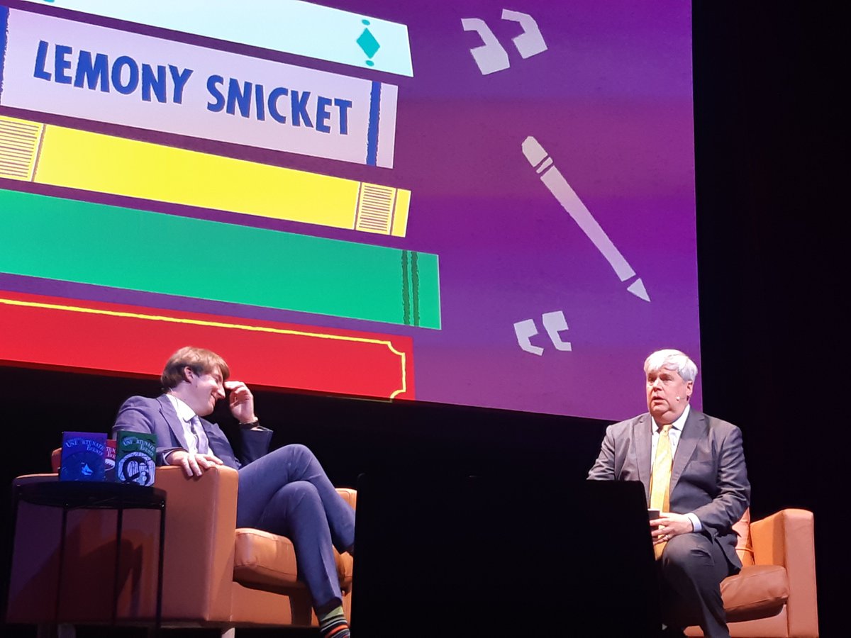 Had the best time seeing @lemonysnicket (@DanielHandler) in conversation with @MeggittPhillips at Alexandra Palace for @NLBookFest yesterday. Super funny and full of insights. Daughter and Dad both very impressed (daughter delighted by inscription in her book to 'Future Orphan'!)