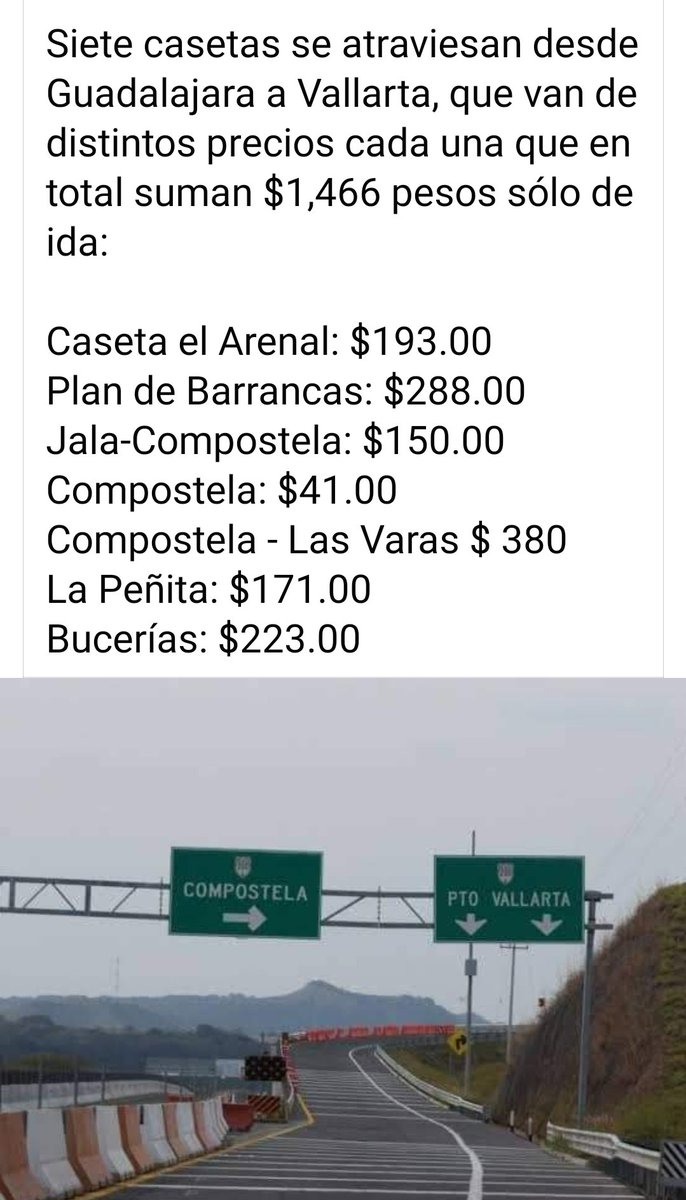 Costo de casetas Guadalajara. Puerto Vallarta.     Precios solo de ida.