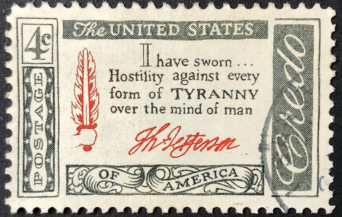 Today’s #EngravedBeauty is this 1960 American Credo stamp featuring a quote by Thomas Jefferson from a letter to his friend Benjamin Rush while he was experiencing party conflict. It was sent 5 weeks before the elections that made him the 3rd President of the United States.