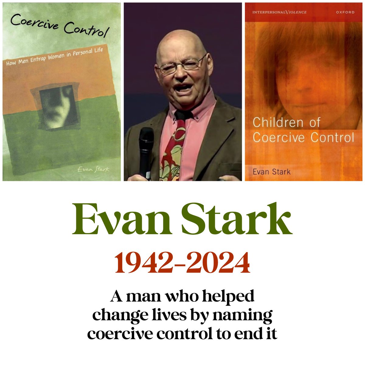 Our community is saddened to hear of the passing of one of the great ones, Evan Stark. He wrote about coercive control to end it in 2009 & just graced us w his powerful work on children. Between these books he spoke, shared and saved lives. So many of us are eternally grateful.