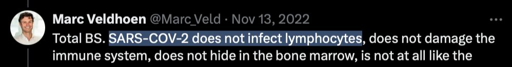fitterhappierAJ's tweet photo. Every time something new comes out about some feature of the virus that causes a problem, like the impairment of cognition subsequent to mild disease, the people who argued for herd immunity by infection have a reflexive attack on those who believe it is best to avoid infection

Lately, it has been the accusation that the immunological harms of Covid are not rooted in fact or evidence, but are rather a cult-like belief

This is immensely fascinating, because a cult would balk and deflect when its belief systems are challenged. A cult would exhibit blindness to the new information. Refusal would be necessary for the cult to continue.

Many people rely on Marc Veldhoen for an immunological account of the effect of SARS Cov 2. Unfortunately, his account does not, absolutely refuses to incorporate, the findings of several papers.

What is even more telling about his refusal to acknowledge that T cells are infected by SARS Cov 2 is that he believes since his lab could not reproduce it, it could not exist. He believes he has the final say about the finding's invalidity. This is supreme arrogance in divestment of scientific practice. Dare I say it is religion where his lab has godhood.

Beware of the immunological interpretations of individuals who refuse to accept the findings of several papers; that sars cov 2 infects T cells

It is published in Nature family, elife, Gastroenterology, and elsewhere.
https://t.co/avhI7VUPmE