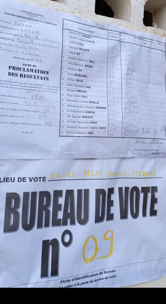 HLM Grand Medine où Amadou Ba a voté. Bureau 9 : Diomaye 237 voix Amadou Ba 84 voix #SunuElection2024