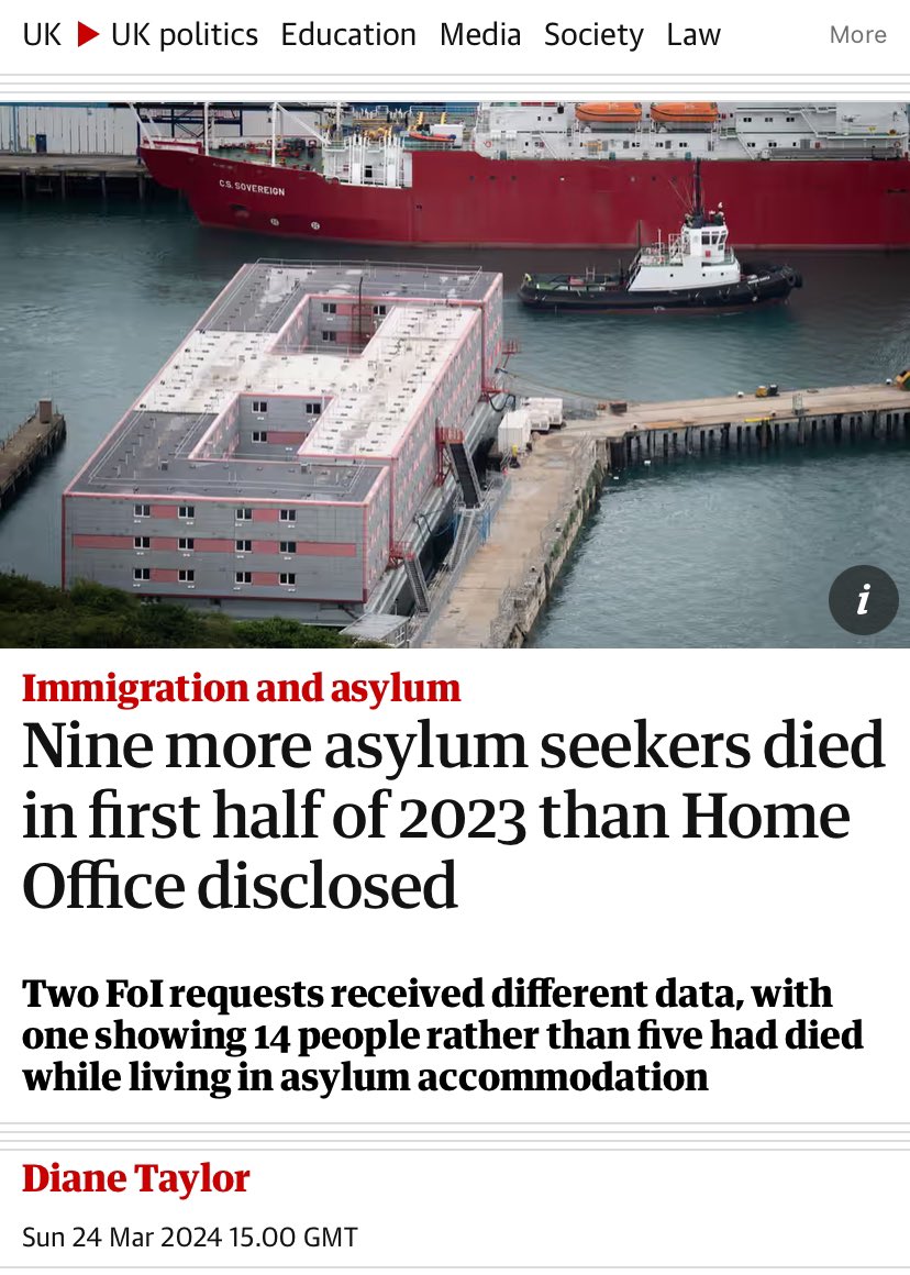 More people dying at our borders, more dying in asylum system. Gov literally killing people trying to seek asylum here & avoiding scrutiny. 2 FOI requests, 2 very different responses. Conditions in the human warehouses gov have constructed are appalling. theguardian.com/uk-news/2024/m…