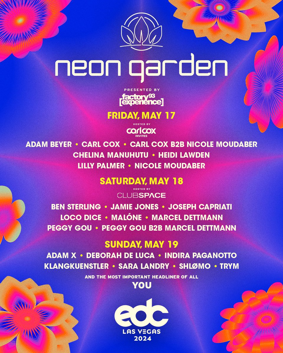 Presenting #neonGARDEN, hosted by @TheFactory93 with takeovers from @Carl_Cox invites & @clubspacemiami.🖤 Relish in the ideal underground atmosphere as we unveil the revival of a roof over our techno sanctuary.🥀

#EDCLV2024 #kineticCIRCLE