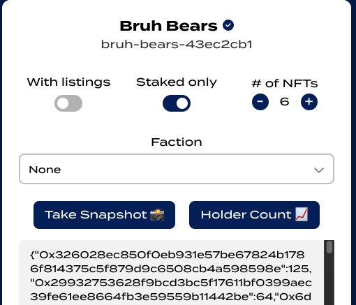 Planning to airdrop to your holders based on number of NFTs? V1.8 lets you snap the number of NFTs each address holds 📈 Check it now: bruh.xyz/snapshot