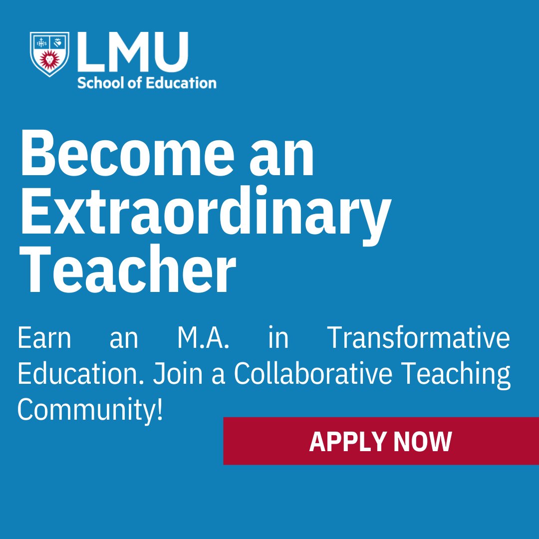 LALoyolan's tweet photo. LMU’s renowned Teacher Preparation programs prepares extraordinary educators committed to igniting change in just one year for the credential and a second year for the M.A. in Transformative Education. Apply today!

Click here for more info: https://t.co/PxZxuhGSnk #ad https://t.co/rX4pp5SA1B