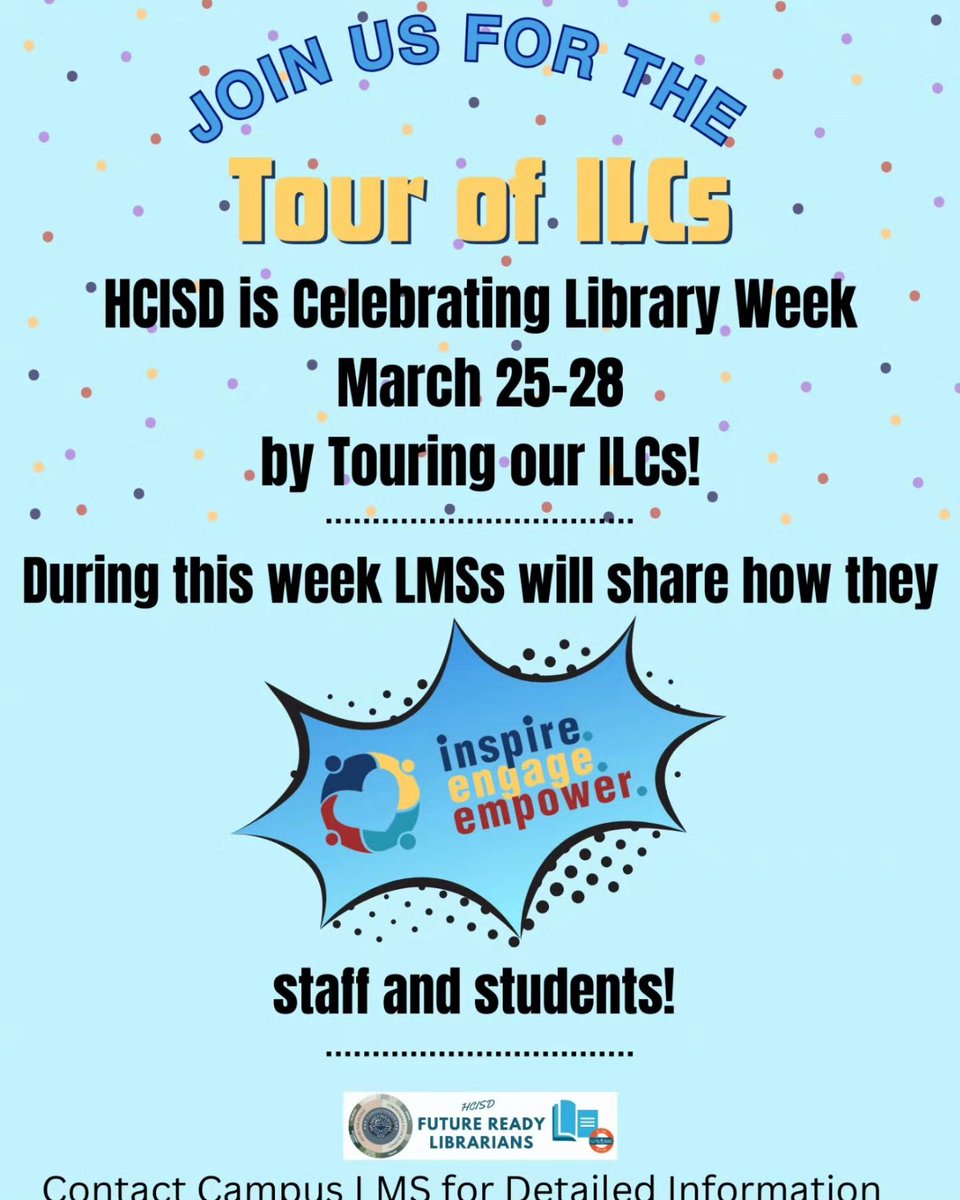 📚♥️🍎Next week is "National Library Week!" Check out our schedule of events and don't forget to stop by the CFA ILC to thank our LMS (Librarian) and our Library Clerks for everything they do! We will also be having a Book Fair from Monday - Thursday! 🍎♥️📚
