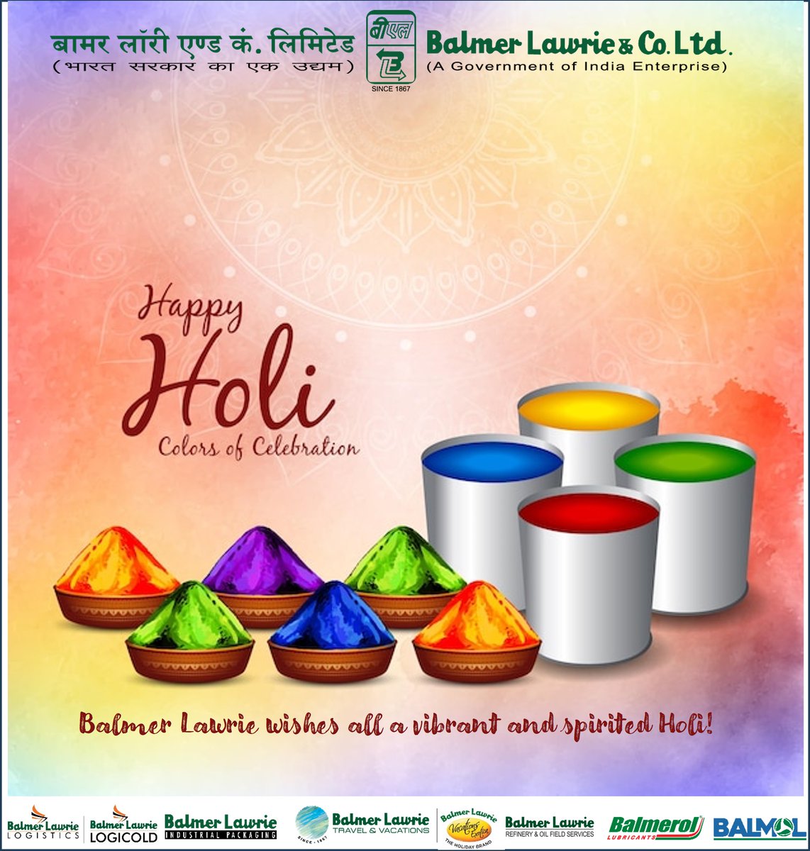 Happy Holi from Balmer Lawrie! 📷📷
May this festival of colors bring abundance of happiness, prosperity and cherished moments.
#HappyHoli #FestivalOfColors #BalmerLawrie #Celebration