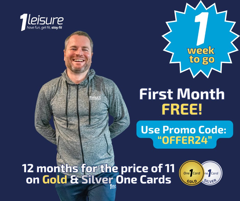 12-month super saver – offer ends in 1 week! Get your hands on our 12-month super saver deal and get your first month FREE use code 'OFFER24'. Enjoy 12 months for the price of just 11 on our Gold and Silver One Cards, offer ends on 31st March 2024. 1leisure.co.uk/best-value-mem…