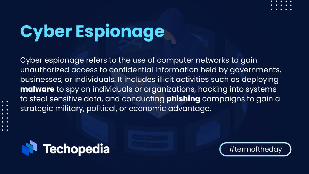 techopedia's tweet image. Cyber espionage definitions emphasize the technological aspect of obtaining secret or confidential information without permission.
Learn more: i.mtr.cool/ujbqsvarhp

CyberEspionage #Cybersecurity #Hacking #DataTheft #Espionage