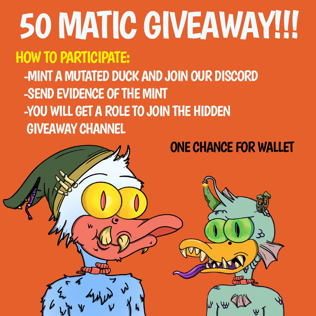 🎁 50 Matic #Giveaway 🎁

To win:
- Mint 1 Mutated Duck ☢️🦆
- Join our Discord👾
- Submit Evidence🔎

⏳8 Days for the Drawing! 

One participation only for each Discord account ✔️

Links here: linktr.ee/DuckSeason 

#PolygonCommunity #PolygonNFTs