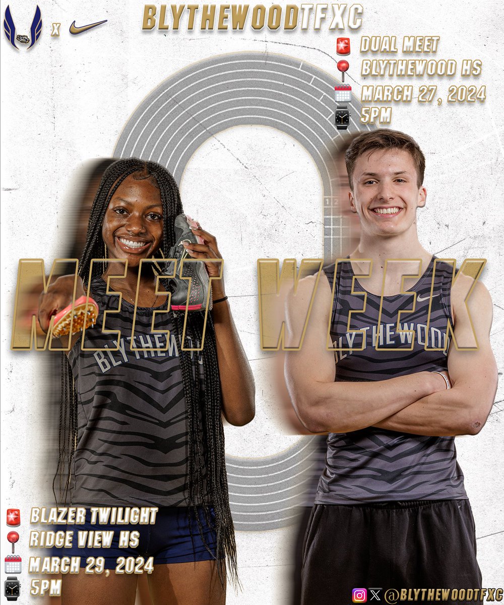 Blythewood Bengals TFXC (@blythewoodtfxc) on Twitter photo It’s Meet Week‼️
🚨 Home Meet
📍 <a href="/BlythewoodTFXC/">Blythewood Bengals TFXC</a>
📅 3/27/24
⏰ 5pm
🎟️ Online
🚨 Blazer Twilight
📍 <a href="/RVBlazersTFXC/">Ridge View Track & Cross Country</a>
📅 3/29/24
⏰ 5pm
🎟️ Online
#BlythewoodTFXC
#BengalNation
#Track
#TrackLife
#TrackAndField It’s Meet Week‼️
🚨 Home Meet
📍 <a href="/BlythewoodTFXC/">Blythewood Bengals TFXC</a>
📅 3/27/24
⏰ 5pm
🎟️ Online
🚨 Blazer Twilight
📍 <a href="/RVBlazersTFXC/">Ridge View Track & Cross Country</a>
📅 3/29/24
⏰ 5pm
🎟️ Online
#BlythewoodTFXC
#BengalNation
#Track
#TrackLife
#TrackAndField